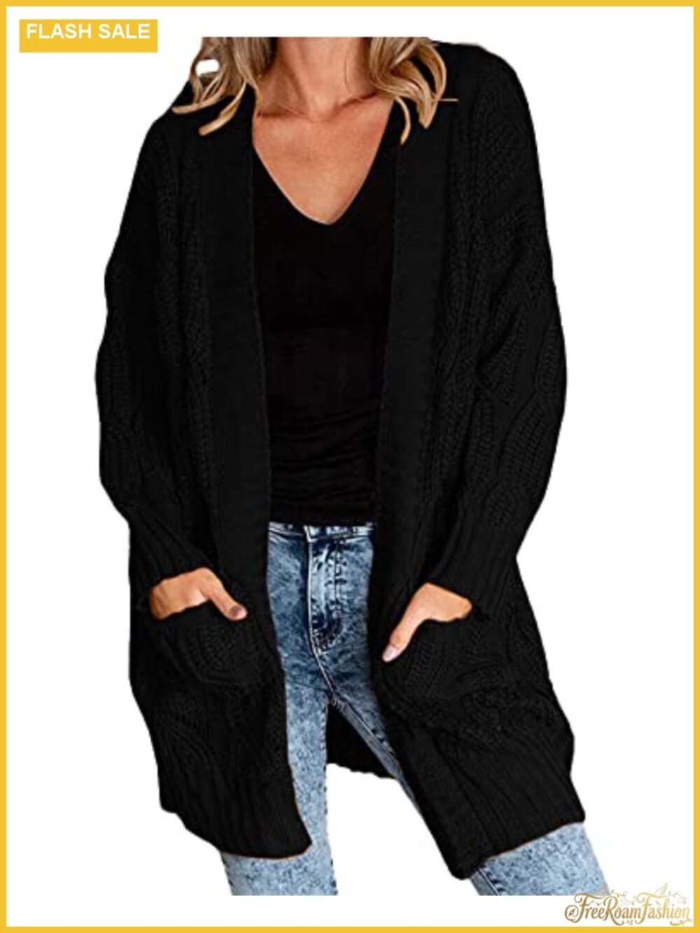 Plus Size Long Open Front Cable Knit Cardigan Sweater Loose Fit